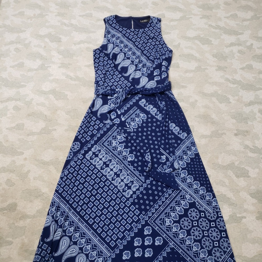 Lauren Ralph Lauren Dress Womens 2 Blue Paisley Maxi Tie Waist Sleeveless